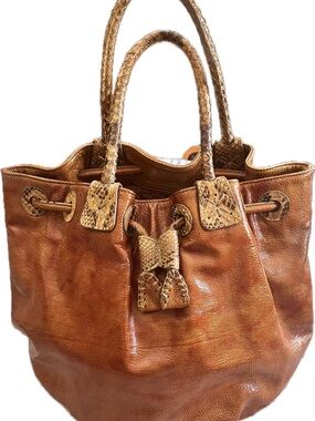 Carlos Falchi Cognac Leather Tote with Snakeskin Trim